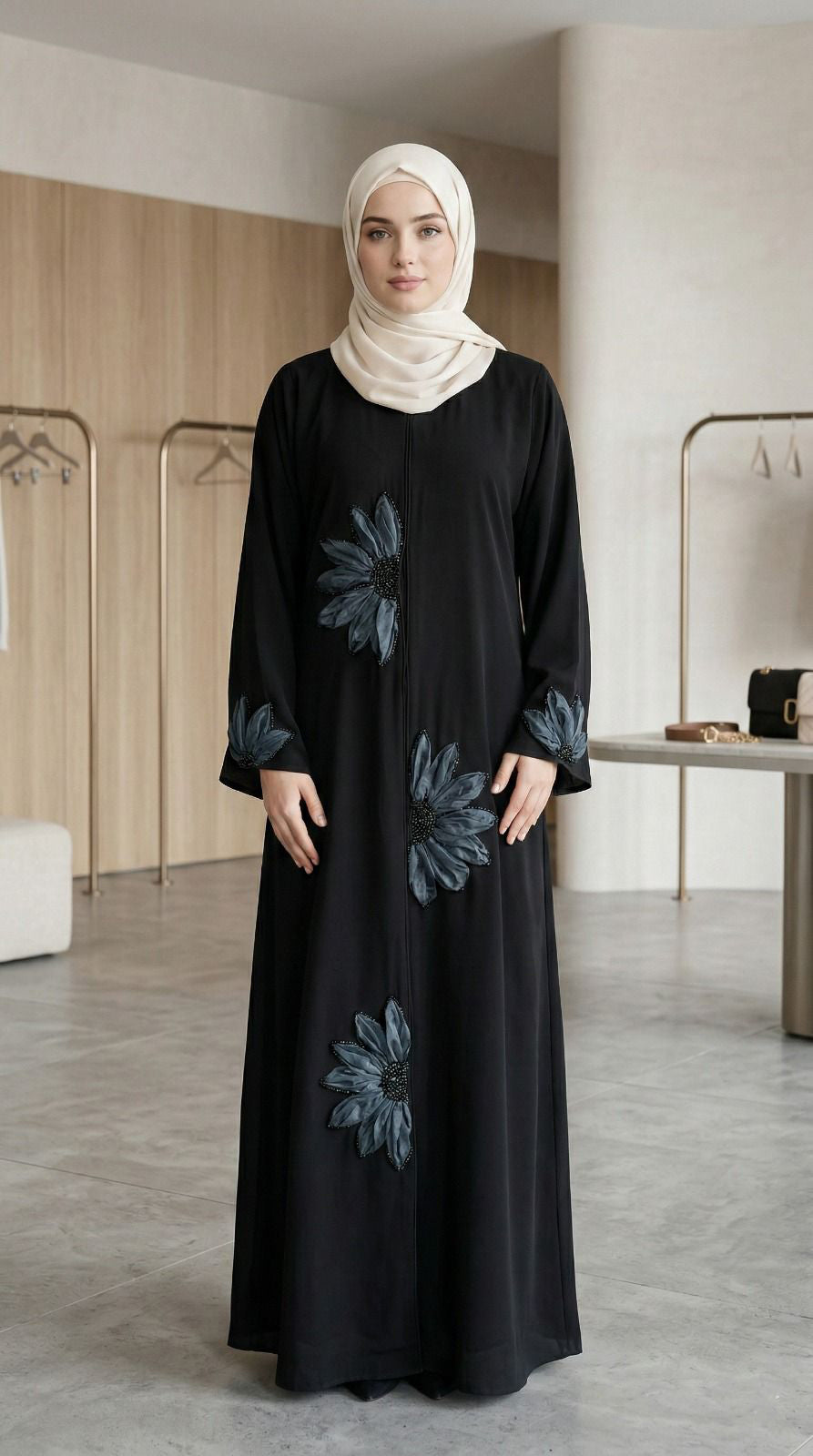 Elegant Black Abaya with 3D Floral Design