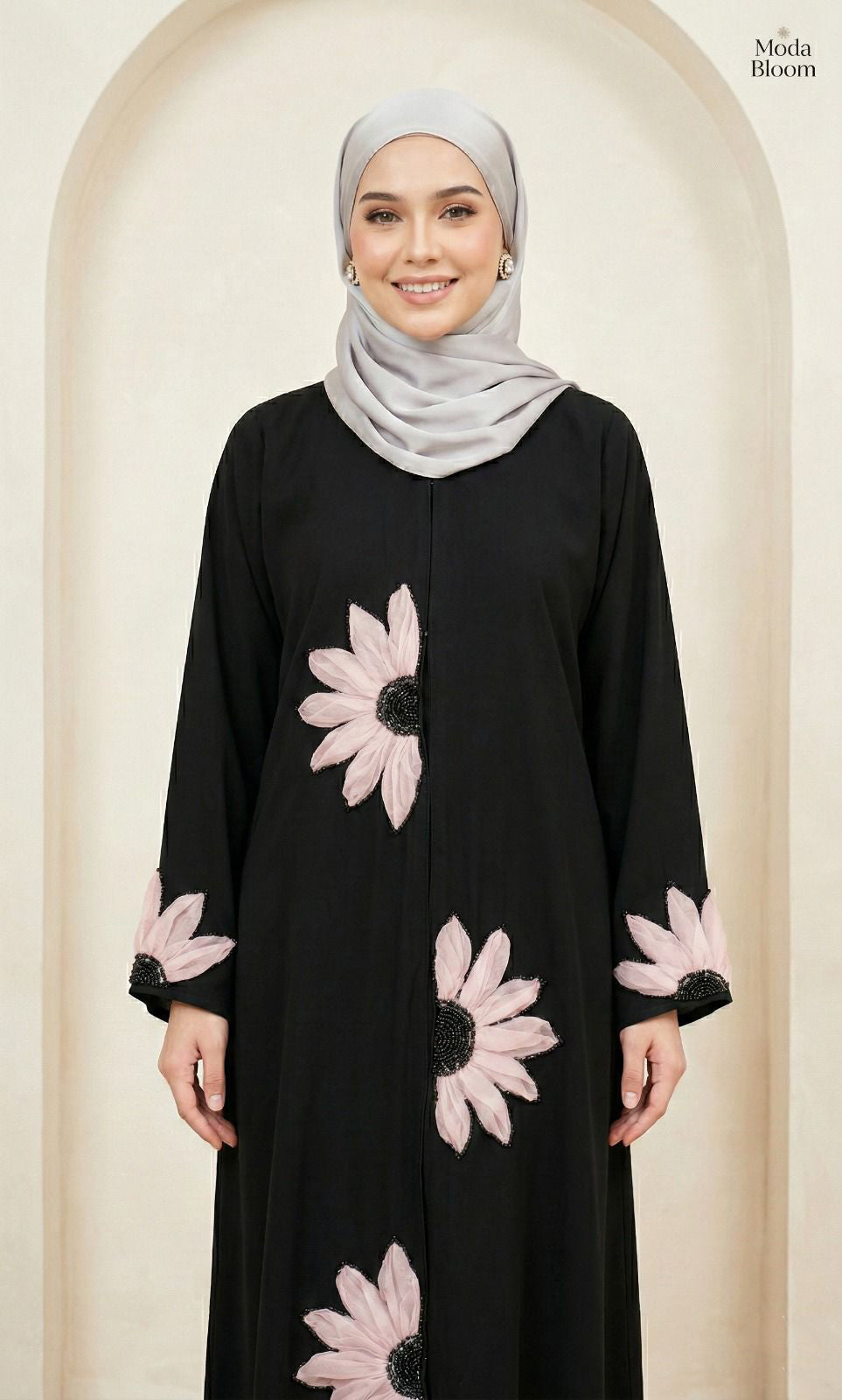 Pink Floral Black Abaya