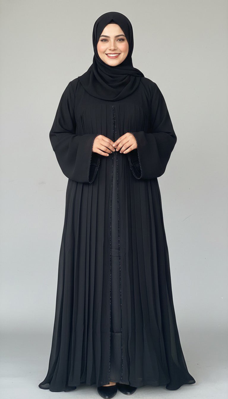 Black Diamond Pearl Pleated Abaya